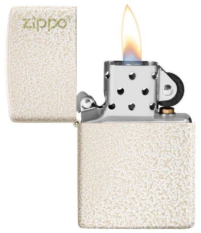 Mercury Glass Zippo Logo windproof lighter with the lid open and lit
