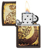 Viking Warship Design Brown Matte Windproof Lighter with its lid open and lit