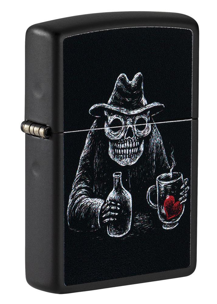 Front shot of Bar Skull Design Windproof Lighter standing at a 3/4 angle