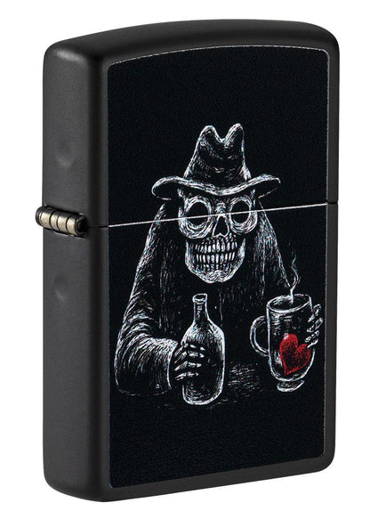 Front shot of Bar Skull Design Windproof Lighter standing at a 3/4 angle