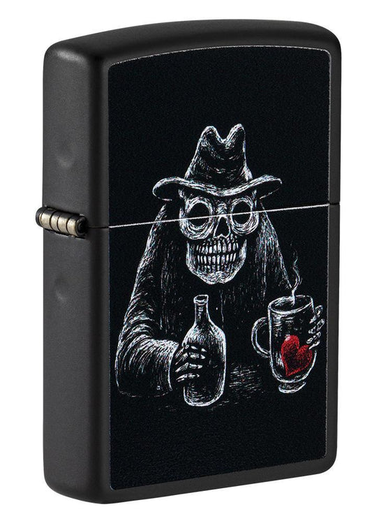 Front shot of Bar Skull Design Windproof Lighter standing at a 3/4 angle