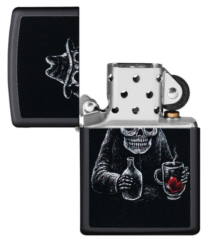 Bar Skull Design Windproof Lighter with its lid open and unlit