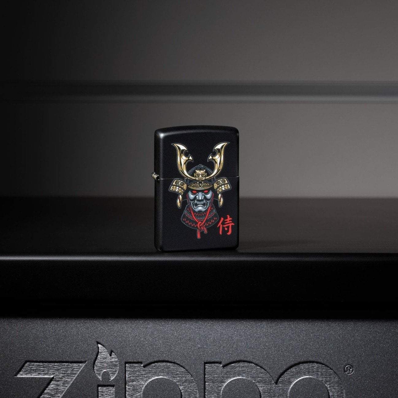 Lifestyle image of Samurai Helmet Design Windproof Lighter standing on a metal Zippo shelf
