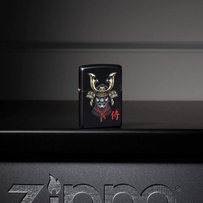 Lifestyle image of Samurai Helmet Design Windproof Lighter standing on a metal Zippo shelf