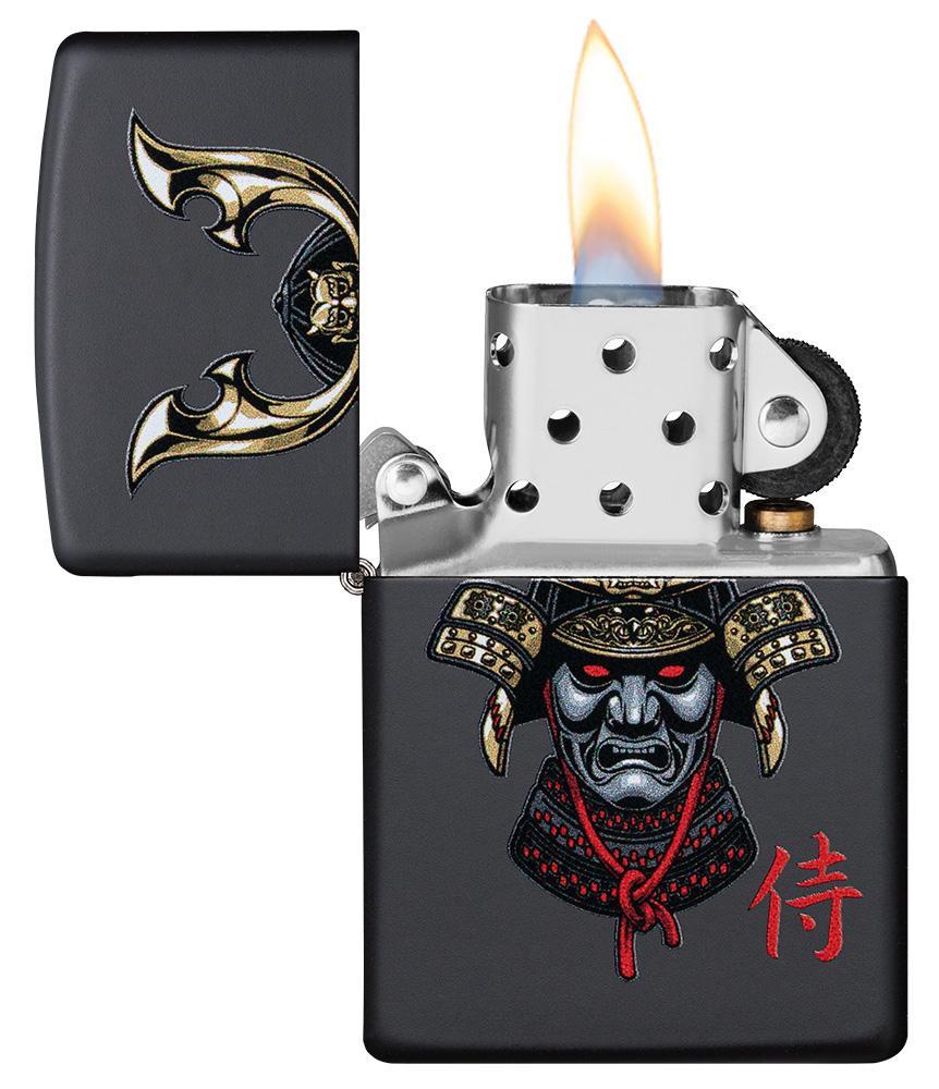Samurai Helmet Design Windproof Lighter with its lid open and lit