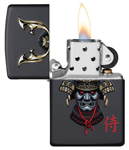 Samurai Helmet Design Windproof Lighter with its lid open and lit