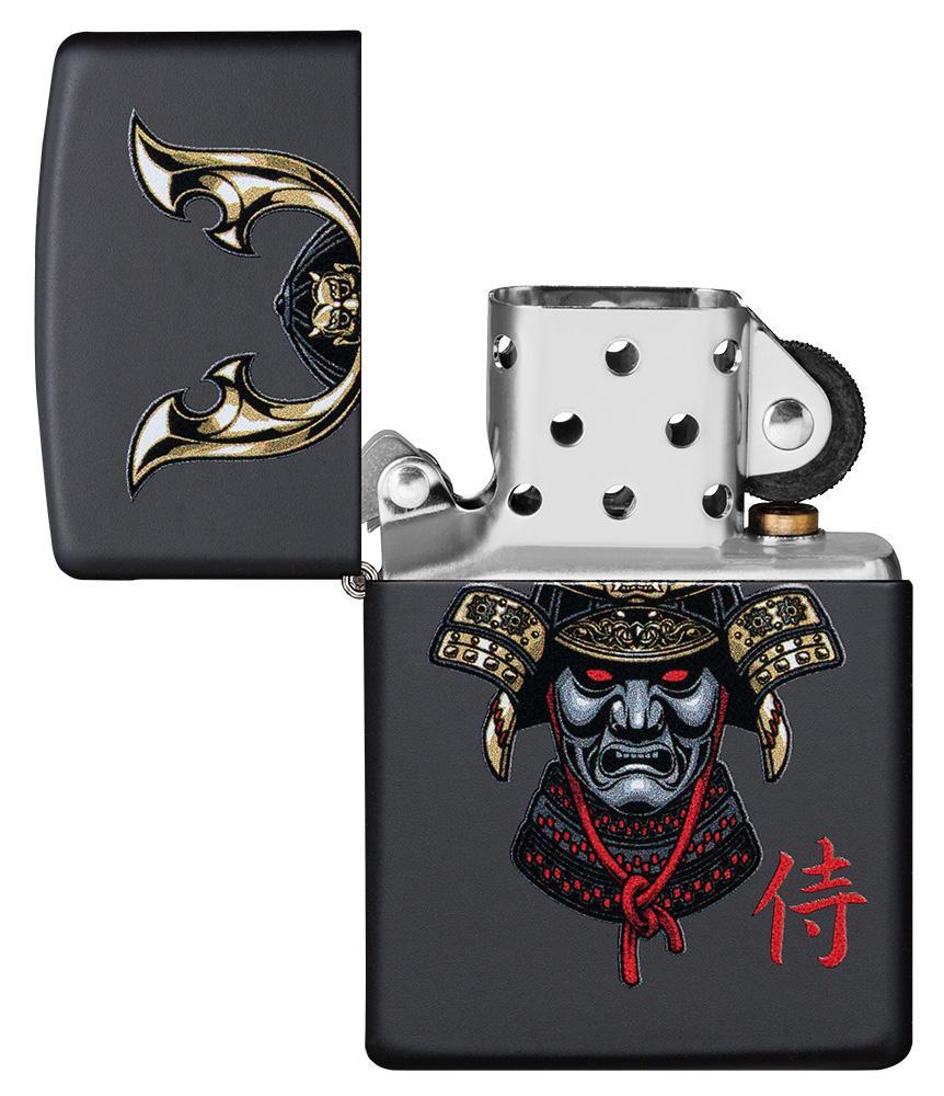 Samurai Helmet Design Windproof Lighter with its lid open and unlit