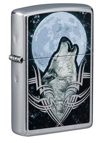 Front shot of Howling Wolf Design Windproof Lighter standing at a 3/4 angle