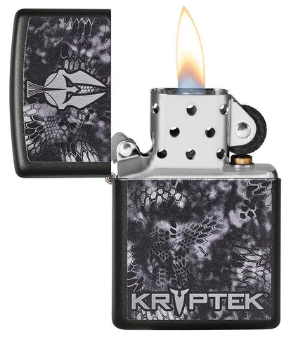 Kryptek® Black Matte Windproof Lighter with its lid open and lit