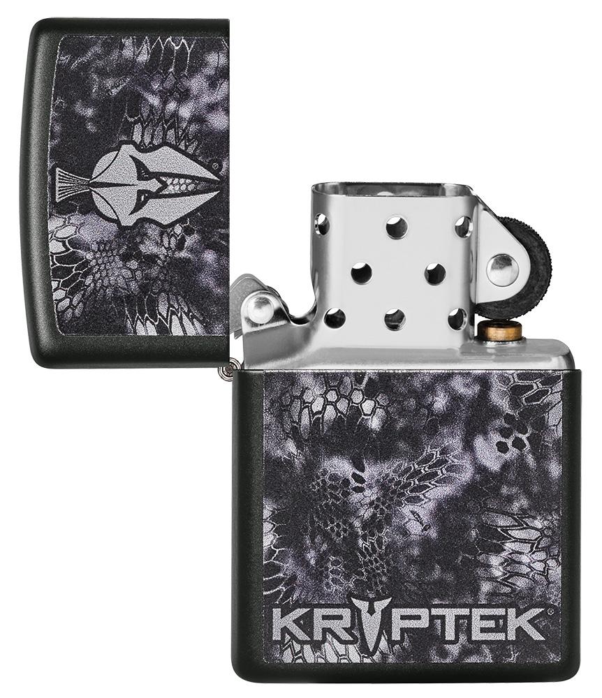 Kryptek® Black Matte Windproof Lighter with its lid open and unlit