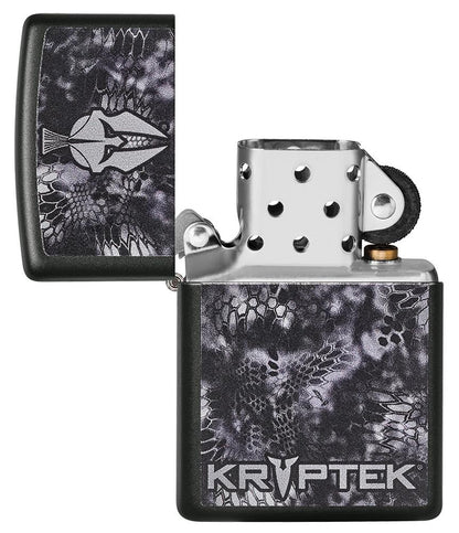 Kryptek® Black Matte Windproof Lighter with its lid open and unlit