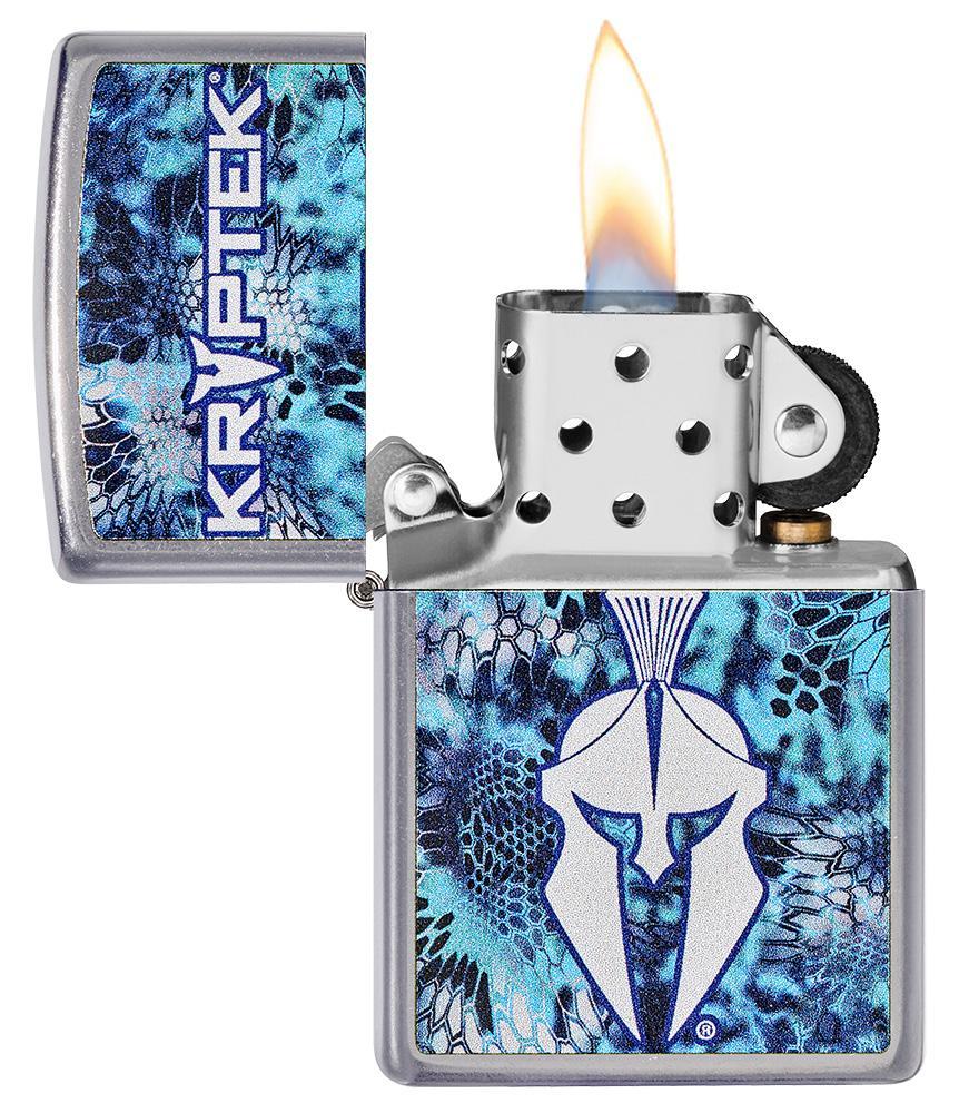 Kryptek® Pontus Street Chrome™ Windproof Lighter with its lid open and lit