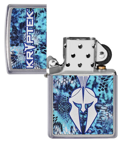 Kryptek® Pontus Street Chrome™ Windproof Lighter with its lid open and unlit