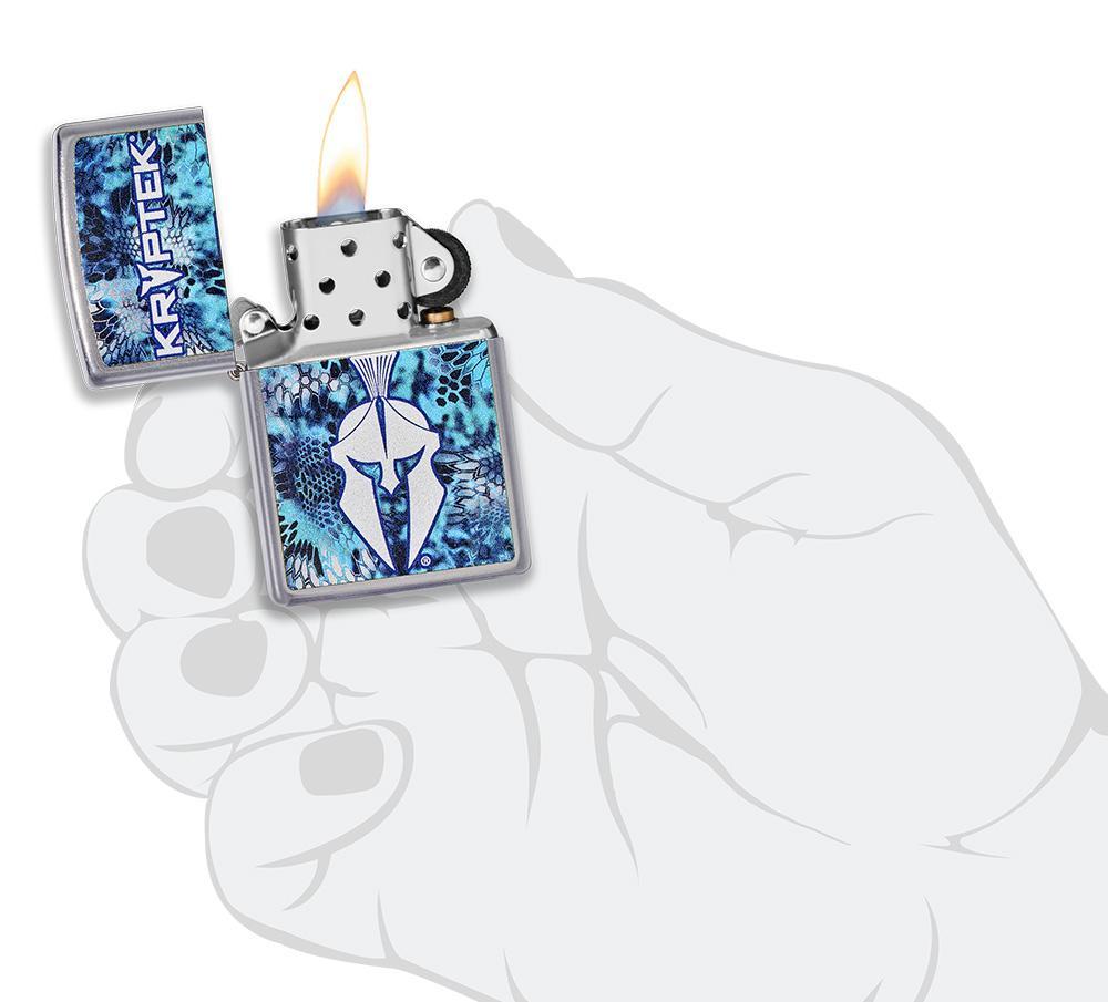 Kryptek® Pontus Street Chrome™ Windproof Lighter lit in hand