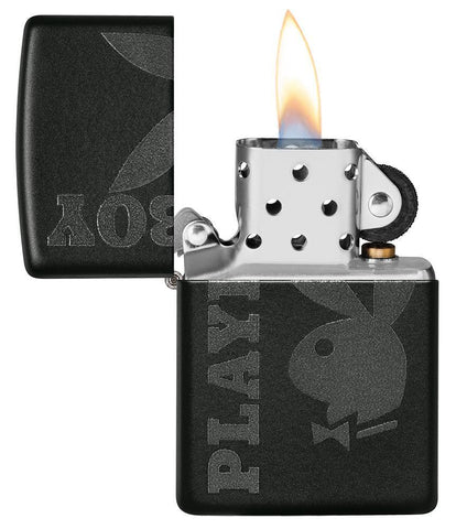 Playboy Logo Black Matte Windproof Lighter with its lid open and lit