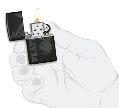 Playboy Logo Black Matte Windproof Lighter lit in hand