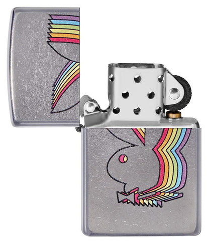 Playboy Street Chrome™ Windproof Lighter with its lid open and unlit