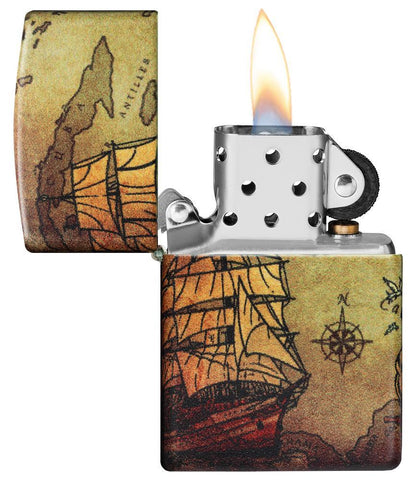 Pirate Ship Design 540 Color Windproof Lighter with its lid open and lit