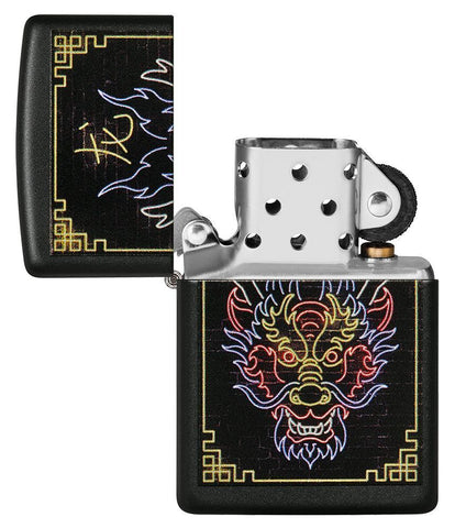 Neon Dragon Design Black Matte Windproof Lighter with its lid open and unlit