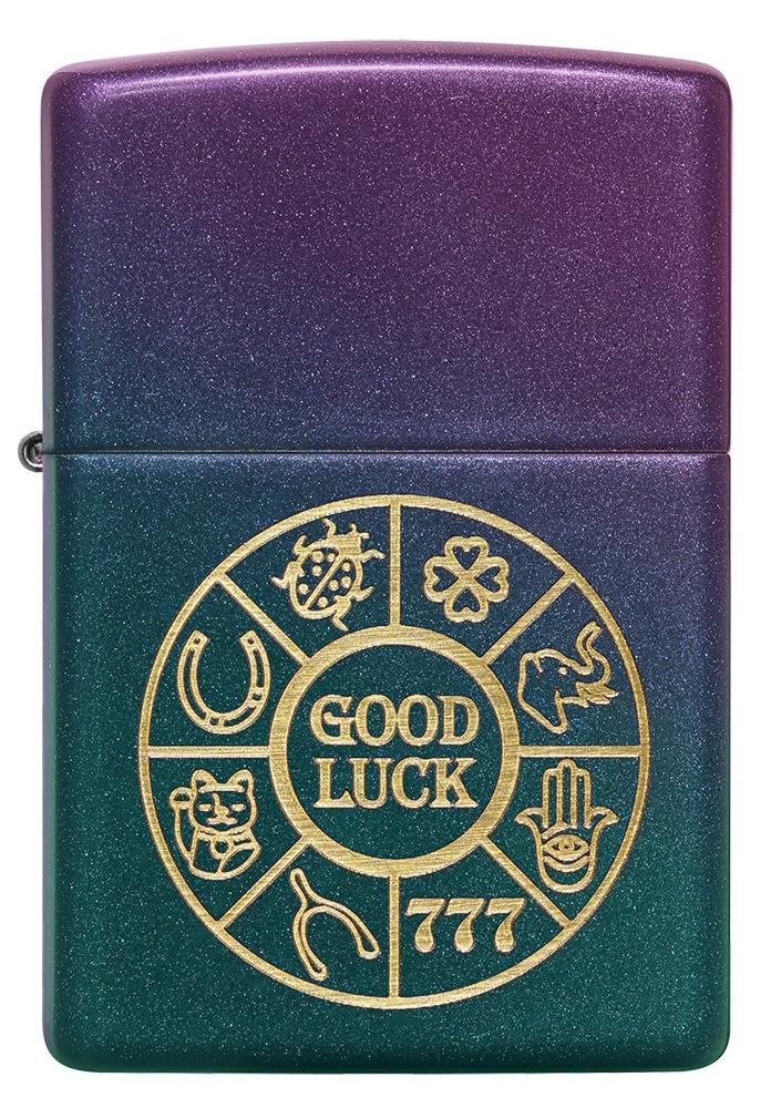 Front of Lucky Symbols Design Iridescent Windproof Lighter