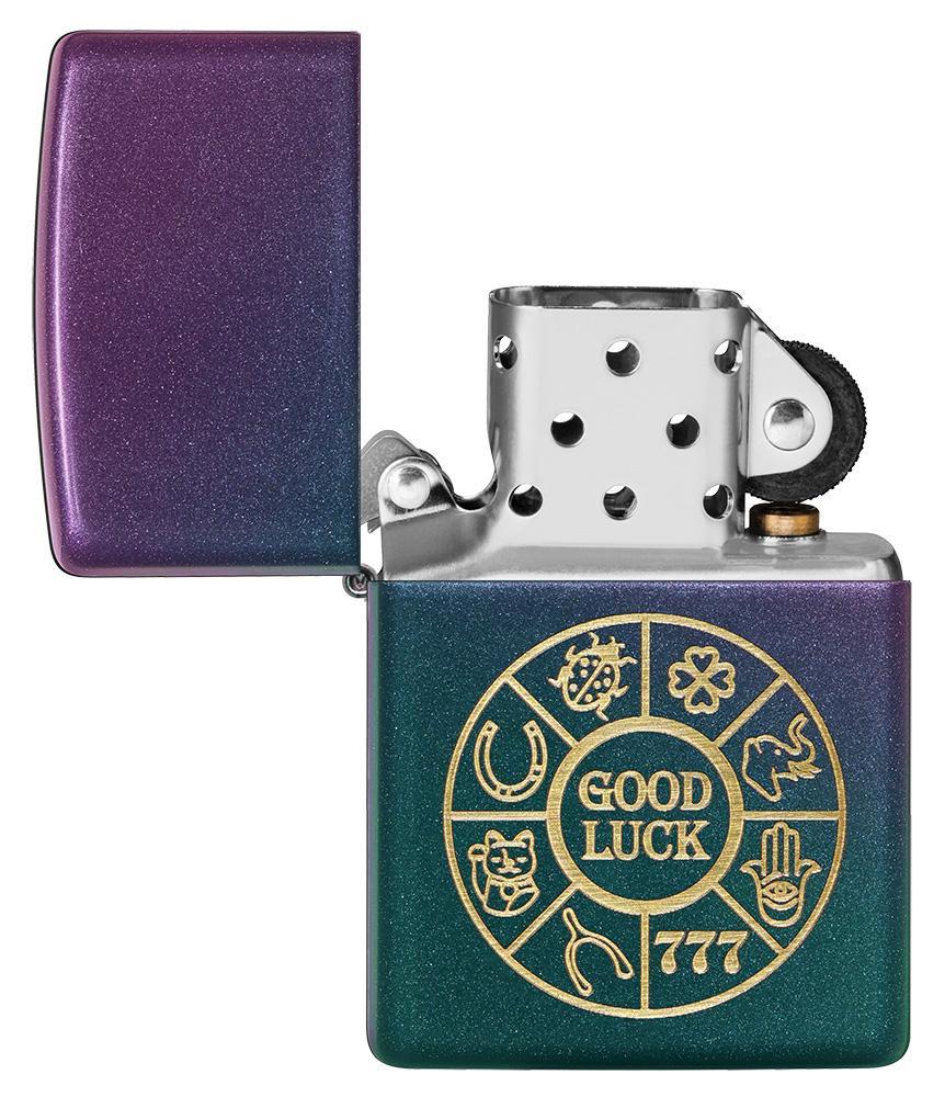 Lucky Symbols Design Iridescent Windproof Lighter with its lid open and unlit