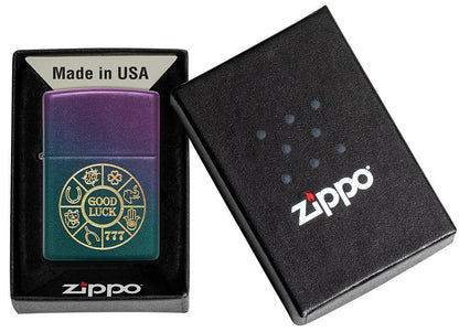 Lucky Symbols Design Iridescent Windproof Lighter in its packaging