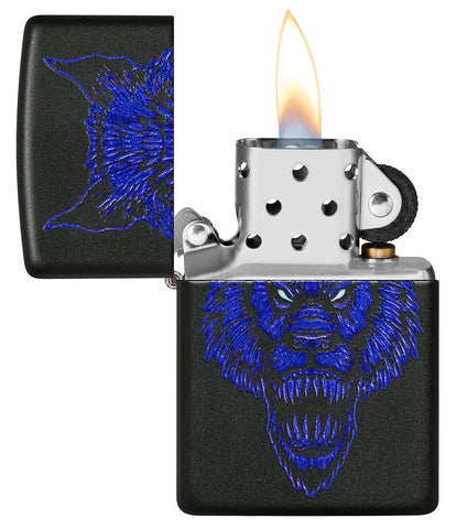 Werewolf Design Black Matte Windproof Lighter with the lid open and lit