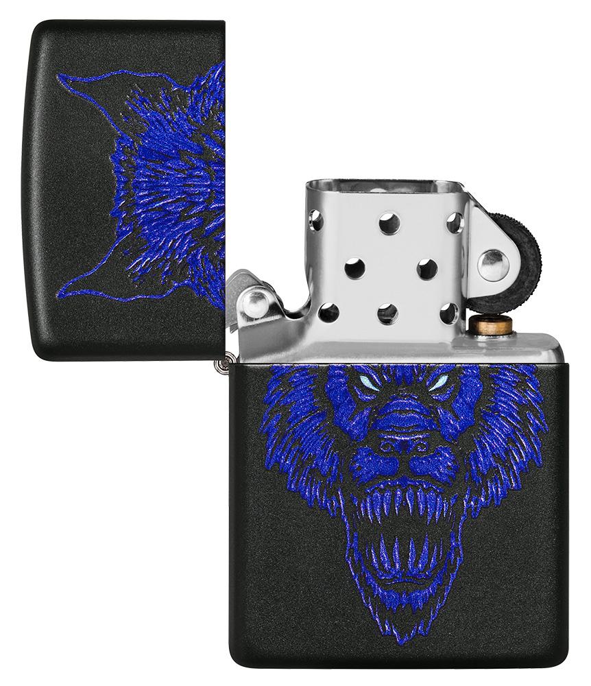 Werewolf Design Black Matte Windproof Lighter with its lid open and unlit