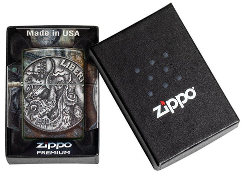 Pirate Coin 540 Color Design Windproof Lighter in its packaging