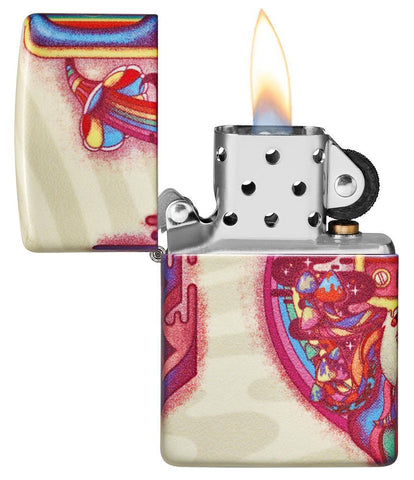 Trippy 540 Color Design Windproof Lighter with its lid open and lit