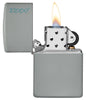 Classic Flat Grey Zippo Logo Windproof Lighter with its lid open and lit