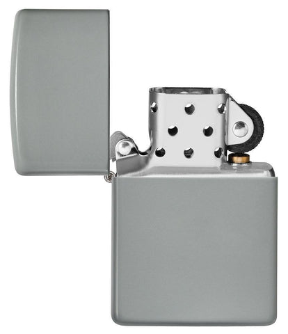 Flat Grey Windproof Lighter with its lid open and unlit