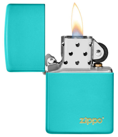 Classic Flat Turquoise Zippo Logo Windproof Lighter with its lid open and lit