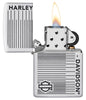 Harley-Davidson® White Matte Lines Design Windproof Lighter with its lid open and lit