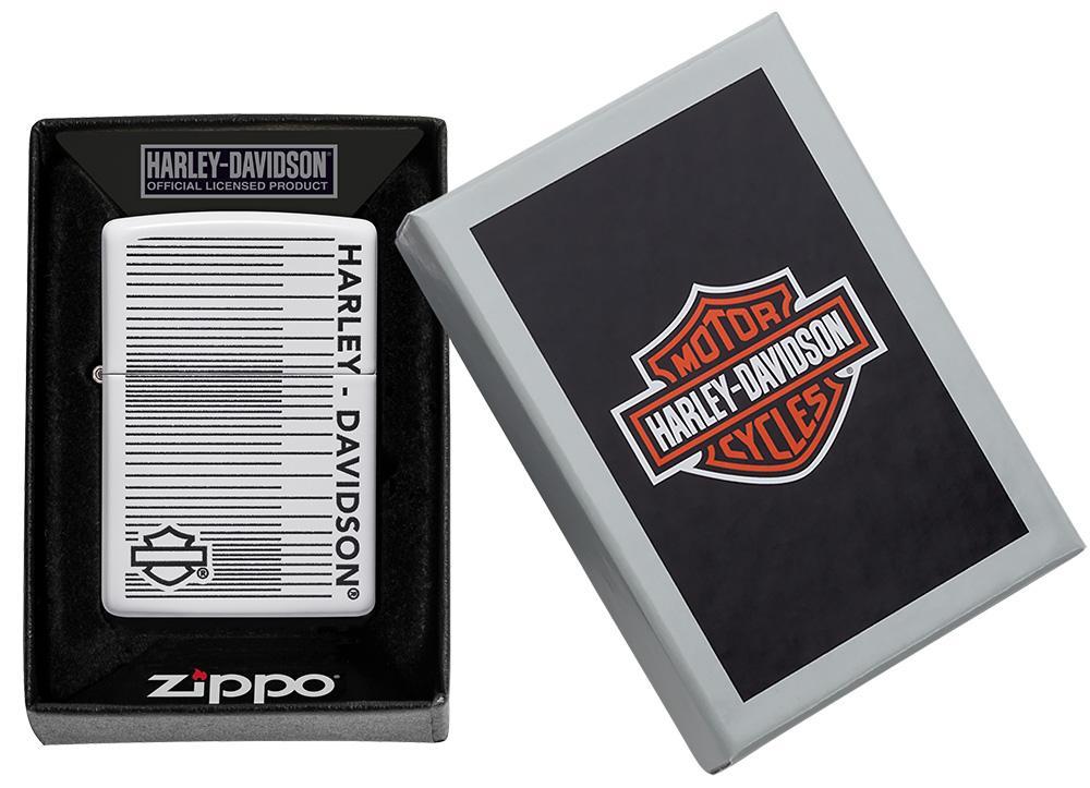Harley-Davidson® White Matte Lines Design Windproof Lighter in its packaging