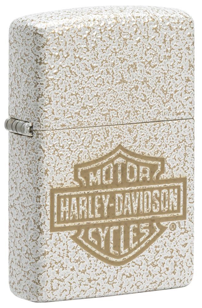 Front shot of Harley-Davidson® Bar and Shield Logo Mercury Glass Windproof Lighter standing at a 3/4 angle