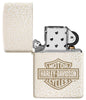 Harley-Davidson® Bar and Shield Logo Mercury Glass Windproof Lighter with its lid open and unlit
