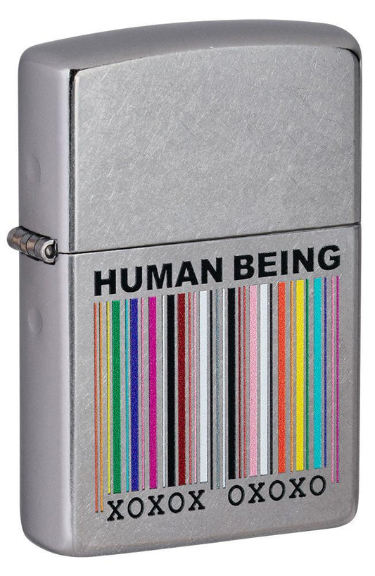 Front shot of Human Being Design Street Chrome™ Windproof Lighter standing at a 3/4 angle