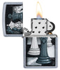 Chess Game Design Street Chrome™ Windproof Lighter with its lid open and lit