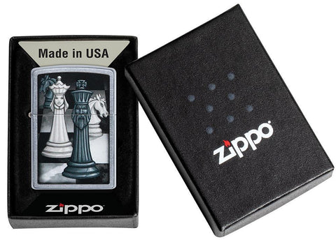 Chess Game Design Street Chrome™ Windproof Lighter in its packaging