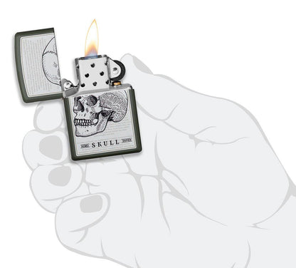 Skull Page Design Green Matte Windproof Lighter lit in hand