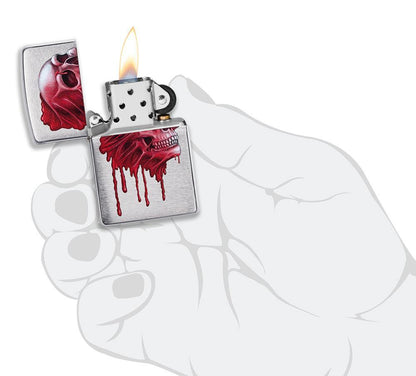 Bloody Skull Design Brushed Chrome Windproof Lighter lit in hand