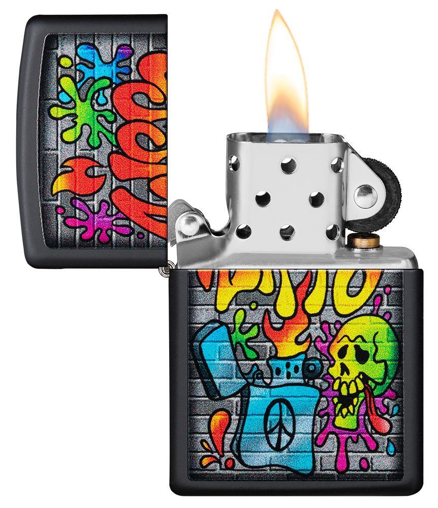 Zippo Street Art Design Black Matte Windproof Lighter with its lid open and lit