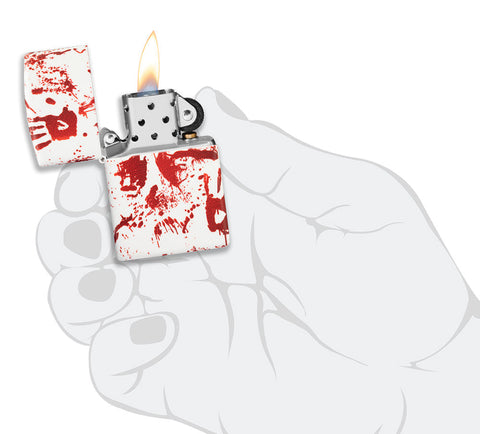 Zippo lighter 540 degree design matt white with bloody hand prints opened with flame in stylised hand