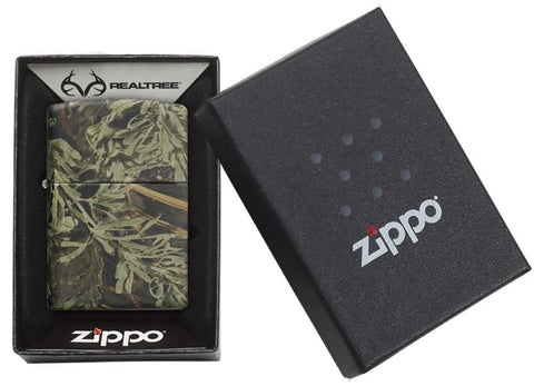 Front view of the Zippo Realtree Pattern Lighter in one box packaging