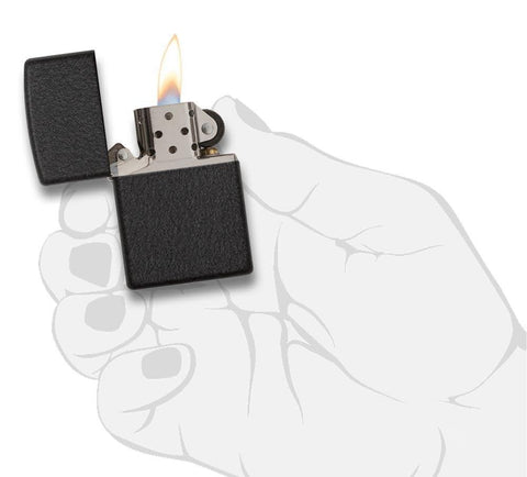 Front view of the Black Crackle Lighter in hand, open and lit