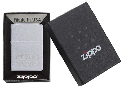 Zippo Scroll Satin Chrome Windproof Lighter in its packaging