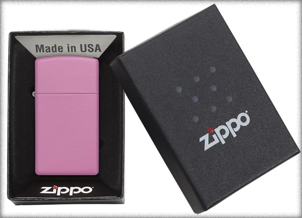 Front view of the Slim Case with Pink Matte Finish Lighter in packaging