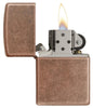 301FB- Antique Copper Windproof Zippo Lighter, open and lit