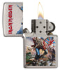 Iron Maiden Eddie the Head Album Artwork Brushed Chrome Windproof Lighter open and lit